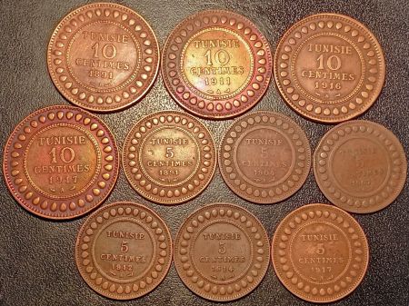 Tunisie Lot 10 monnaies 5 et 10 centimes - Protectorat Français - 1891 à 1917