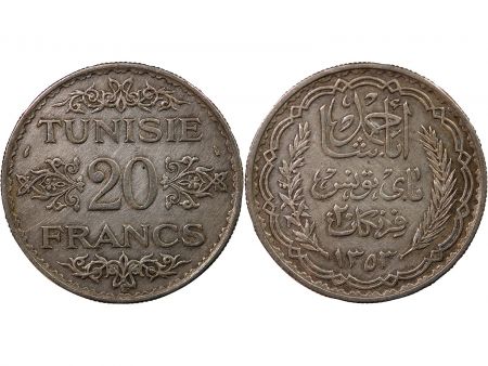 Tunisie TUNISIE  AHMAD PASHA - 20 FRANCS ARGENT 1353 (1935)