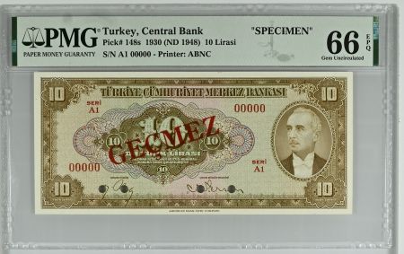 Turquie 10 Lira 1948 - Pdt L. Inonu - Spécimen - PMG 66 EPQ