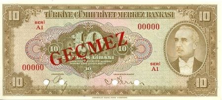 Turquie 10 Lira 1948 - Pdt L. Inonu - Spécimen