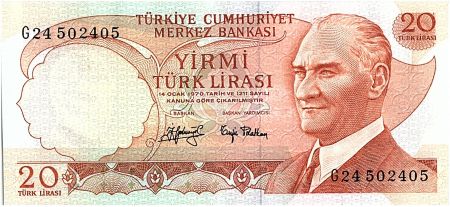 Turquie 20 Lira, Pdt Ataturk - Mausolée - 1974 - P. 187 a