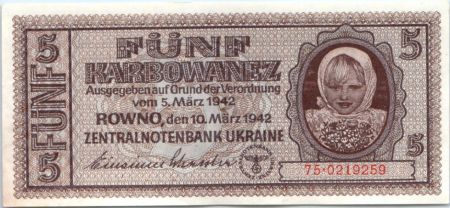 Ukraine 5 Karbowanez Fillette - 10-03-1942 Série 75