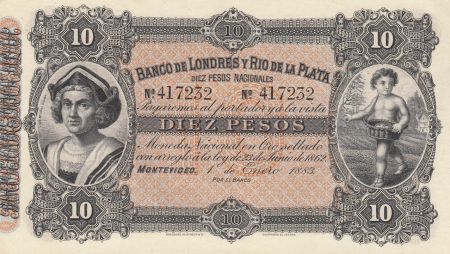 Uruguay 10 Pesos  - Banco de Londres y Rio de la Plata - 1883