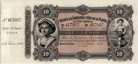 Uruguay 10 Pesos  - Christophe COLOMB - Enfant - 1883 - avec souche