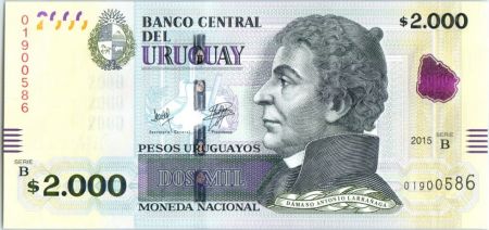 Uruguay 2000 Pesos Urugayos, Damaso Antonio Larragna - Bibliothèque National - 2015