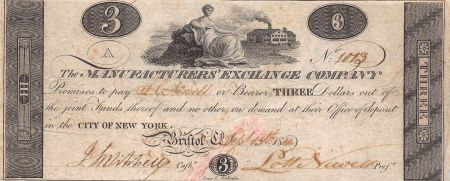 USA, MANUFACTURER\'S EXCHANGE CIE - CHEQUE 3 DOLLARS 1814