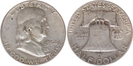 USA 1/2 Dollar Benjamin Franklin - Liberty Bell - 1954 Argent