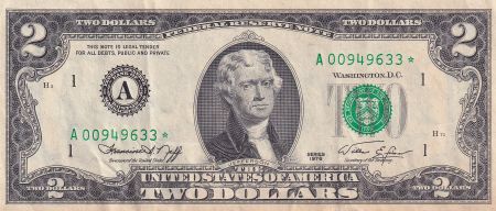 USA 2 Dollars - Jefferson - 1976 - Série remplacement (étoile) - A (Boston) - A00949633*