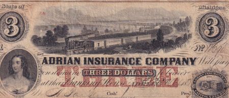 USA 3 Dollars - Michigan -  Adrian Insurance Company - 1853