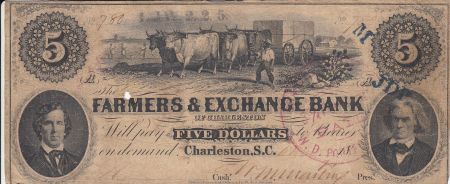 USA 5 dollars,  Agriculteurs et Banque de change de Charleston - Caroline du Sud- 18xx