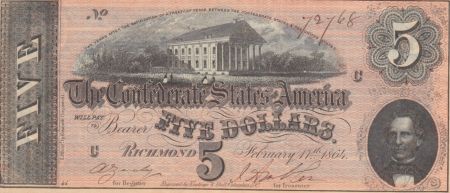 USA 5 Dollars C.G. Memminger - Confédérate States - 1864 - SPL - P.67