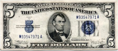 USA 5 Dollars Lincoln - Blue Seal  - 1934 - TTB