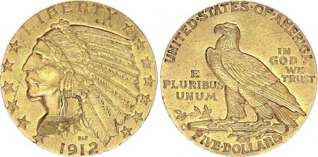 USA 5 Dollars Tête Indien - Aigle 1912 s - TTB