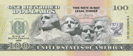 USA Mount Rushmore - Dakota du Sud - Billet 100 Dollars Souvenir