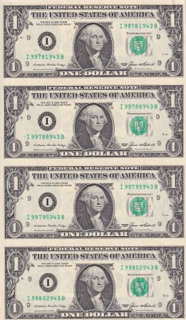 USA Planche non découpée de 4 billets de 1 Dollar - George Washington - 1985 - Lettre I