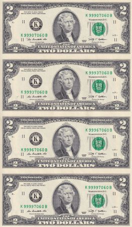 USA Planche non découpée de 4 billets de 2 Dollars - Thomas Jefferson - 2009 - Lettre K