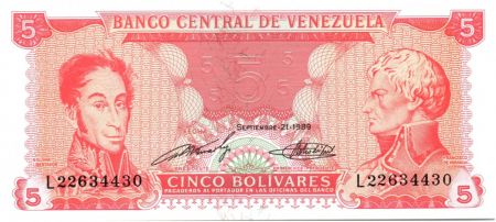 Venezuela 5 Bolivares Bolivar Libertador, F. De Miranda - 1989