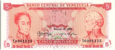 Venezuela 5 Bolivares Simon Bolivar - F de Miranda - 1973
