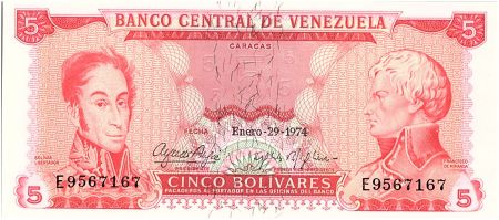 Venezuela 5 Bolivares Simon Bolivar - F de Miranda - 1974