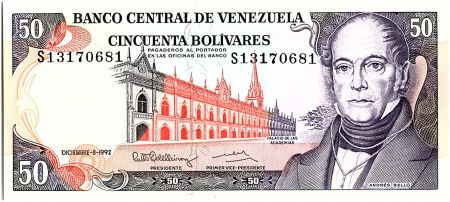 Venezuela 50 Bolivares,  Andres Bello - Banque centrale- 1992