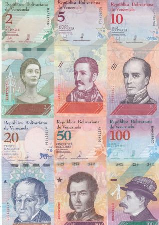 Venezuela Série de 6 billets  - 2018  - 2 à 100 bolivares