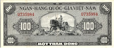 Vietnam du Sud 100 Dong, Fermier et tracteur - Paon  -1955 - P.8 a - Alp U