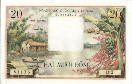 Vietnam du Sud 20 Dong  - Hutte, barques et bananier - 1956