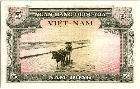Vietnam du Sud 5 Dong , Oiseau Stylisé - Buffle D\'eau et Fermier - 1955 - P.2 a - F4
