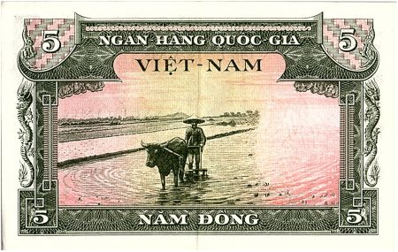 Vietnam du Sud 5 Dong , Oiseau Stylisé - Buffle D\'eau et Fermier - 1955 - P.2 a - J5