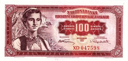 Yougoslavie 100 Dinara  - Jeune femme, Dubrovnik - 1955