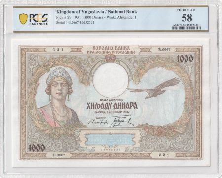 Yougoslavie 1000 Dinara 1931 - Reine Marie - PCGS AU 58