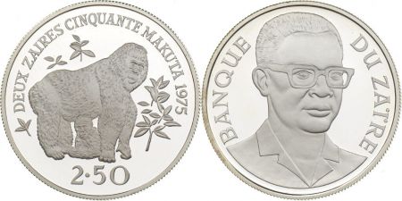 Zaïre 2.50 Zaires - Président Mobutu - WWF - Gorille - 1975 - Argent