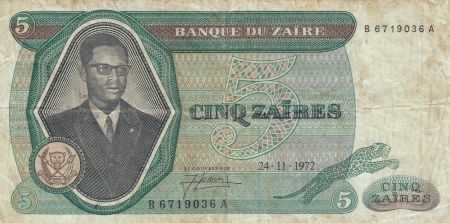 Zaïre 5 Zaires 1972 - Président Sese Seko Mobutu, barrage