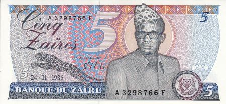 Zaïre 5 Zaires 1985 - Président Sese Seko Mobutu, barrage