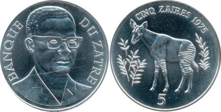 Zaïre 5 Zaires Okapi - Président Mobutu - 1975