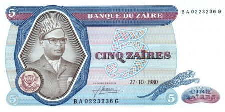 Zaïre 5 Zaires Pdt Mobutu - Barrage - 1980