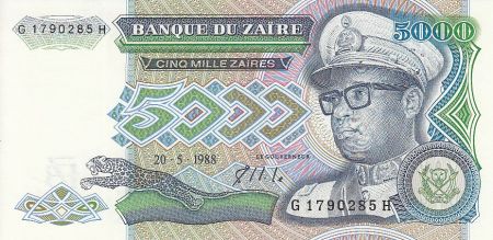 Zaïre 5000  Zaires 1988  - Président Sese Seko Mobutu, Défenses d\'éléphant
