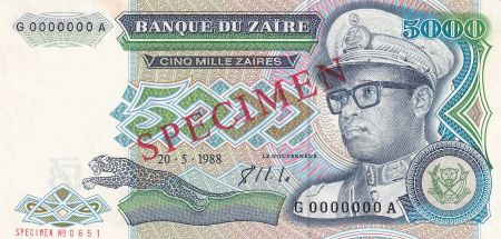Zaïre 5000 Zaire - Pdt Mobutu - Spécimen - 1988 - P.37s1