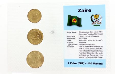 Zaïre Blister 3 monnaies ZAIRE (1 à 10 zaïre)