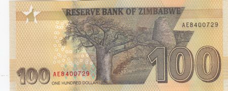 Zimbabwe 100 Dollars - Chiremba - Eléphant, cascade - 2020 (2022) - Série AE