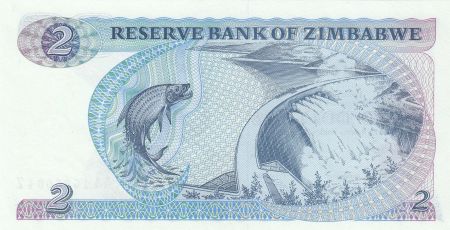 Zimbabwe 2 Dollars 1983 - Shiremba Monument, Buffle, Poisson, Barrage