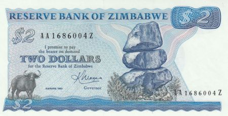 Zimbabwe 2 Dollars 1983 - Shiremba Monument, Buffle, Poisson, Barrage