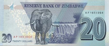 Zimbabwe 20 Dollars - Chiremba - Eléphant, cascade - 2020 (2021) - P.NEW