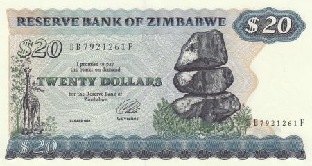 Zimbabwe 20 Dollars 1984 - Chiremba, Girafe, Eléphant, chutes d\'eau