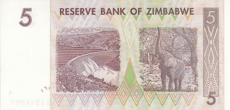 Zimbabwe 5 Dollars - Chiremba - Marron et vert - Barrage et éléphant - 2007 (2008)
