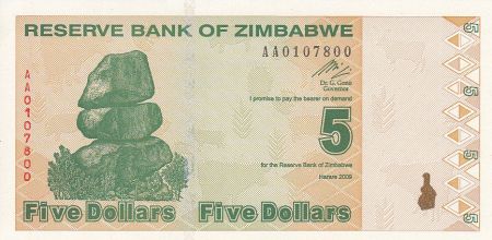 Zimbabwe 5 Dollars - Chiremba - Vert  et marron - Poisson et barrage - 2009