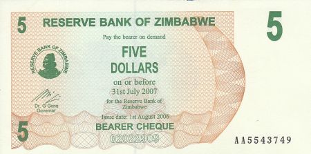 Zimbabwe 5 Dollars - Chiremba - Vert et marron - Torche - 2006