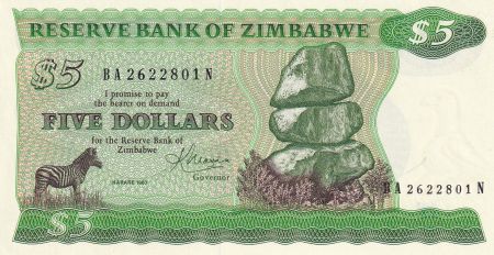 Zimbabwe 5 Dollars - Chiremba, zèbre - Scène de village - 1983 - NEUF - P.2c