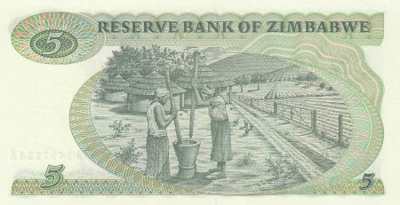 Zimbabwe 5 Dollars 1983 - Chiremba, zèbre, scène de village