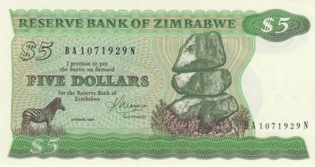 Zimbabwe 5 Dollars 1983 - Chiremba, zèbre, scène de village